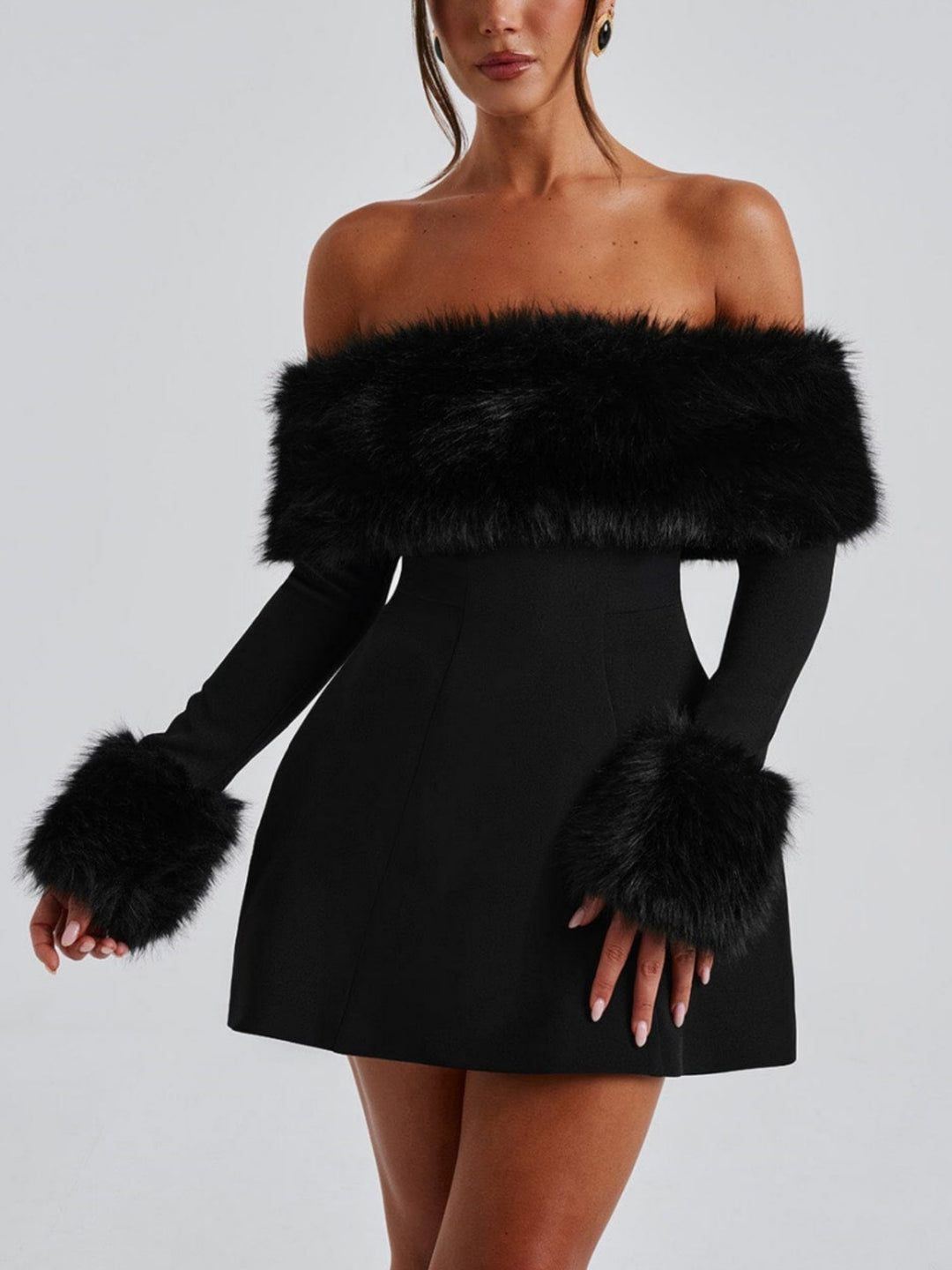 Imara | Off-Shoulder Fur Sleeve Mini Dress