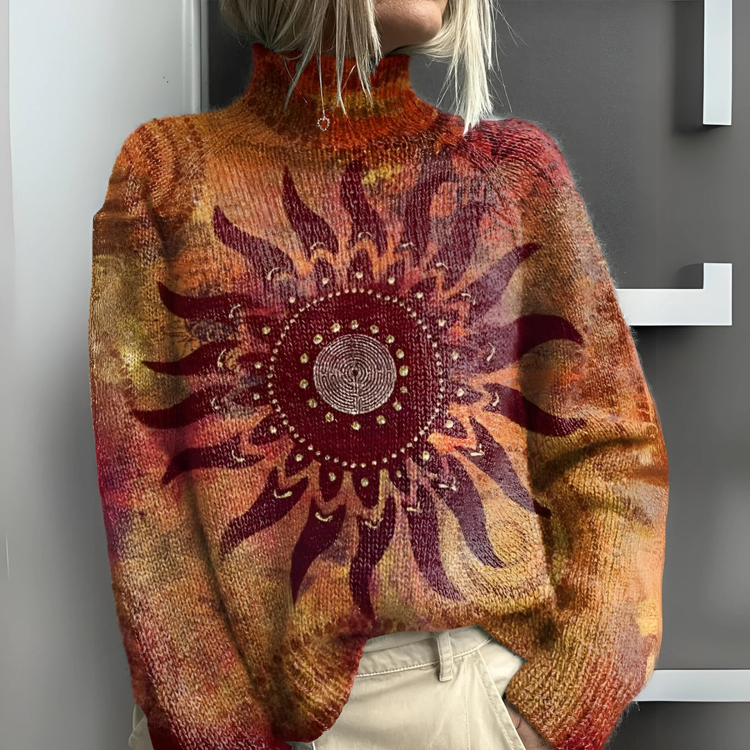 Jovie | Warm Knit Turtleneck with Tribal Sun