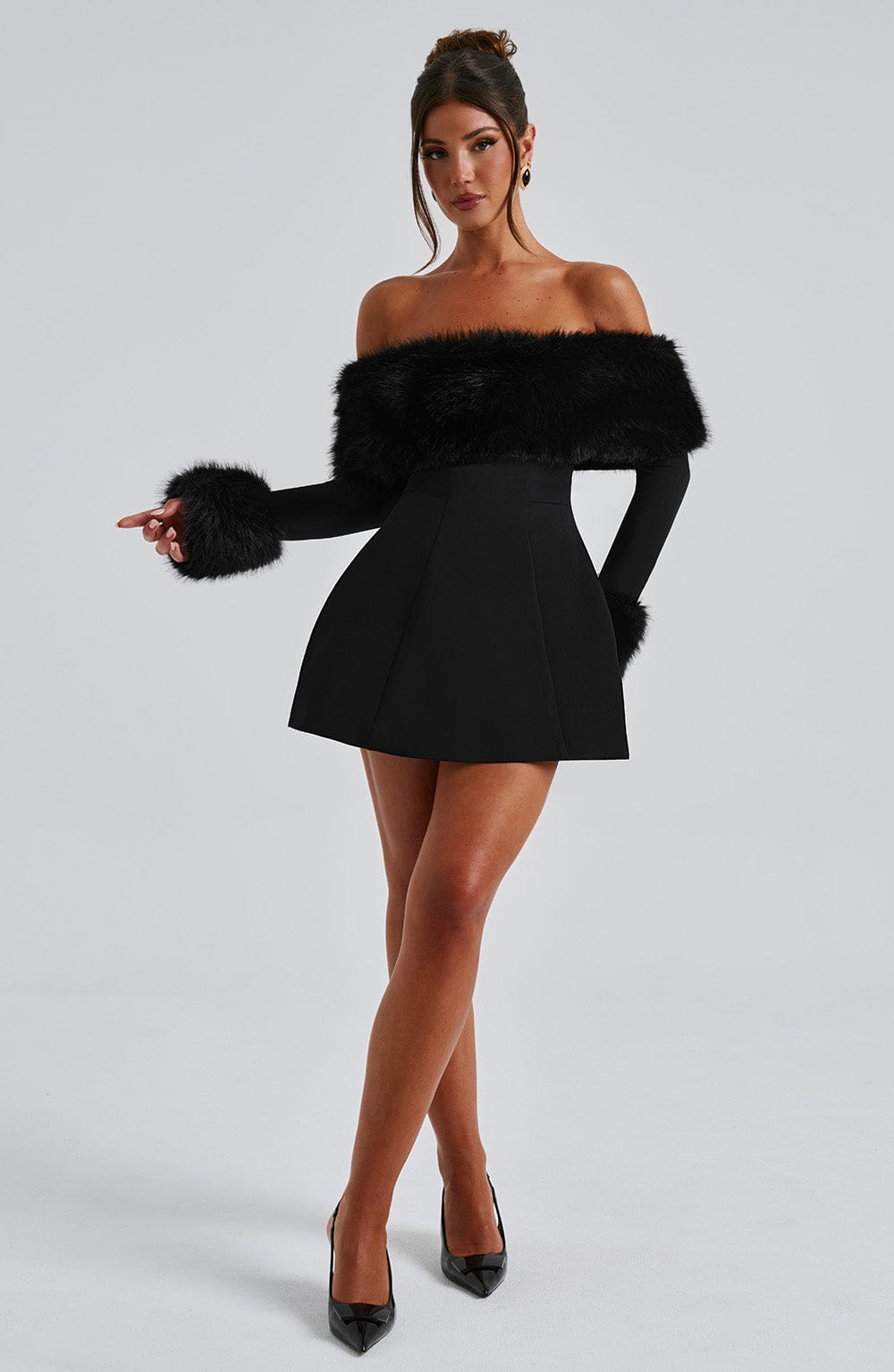 Imara | Off-Shoulder Fur Sleeve Mini Dress