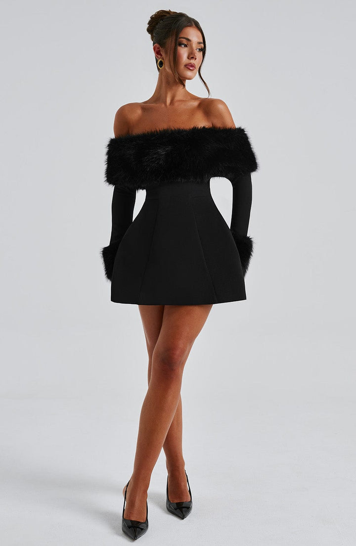 Imara | Off-Shoulder Fur Sleeve Mini Dress