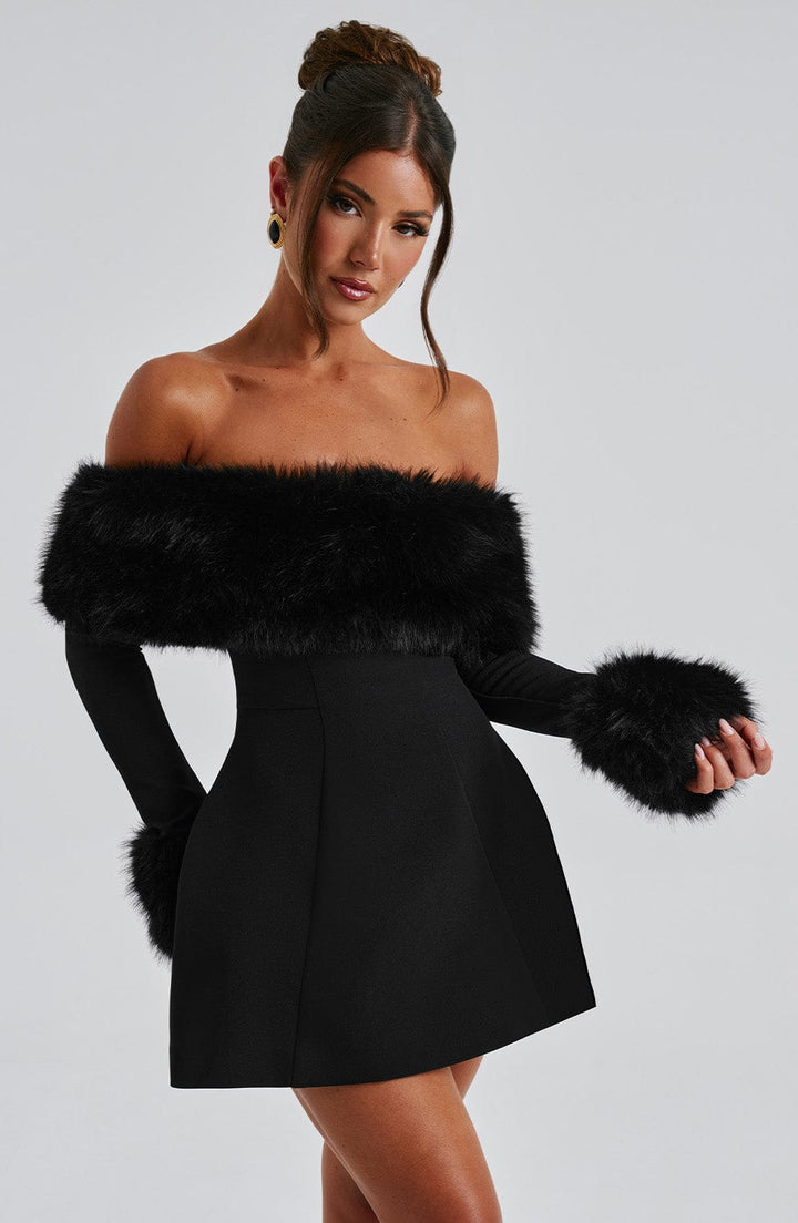 Imara | Off-Shoulder Fur Sleeve Mini Dress