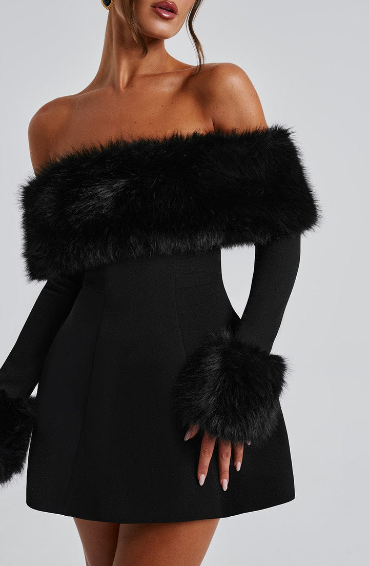 Imara | Off-Shoulder Fur Sleeve Mini Dress