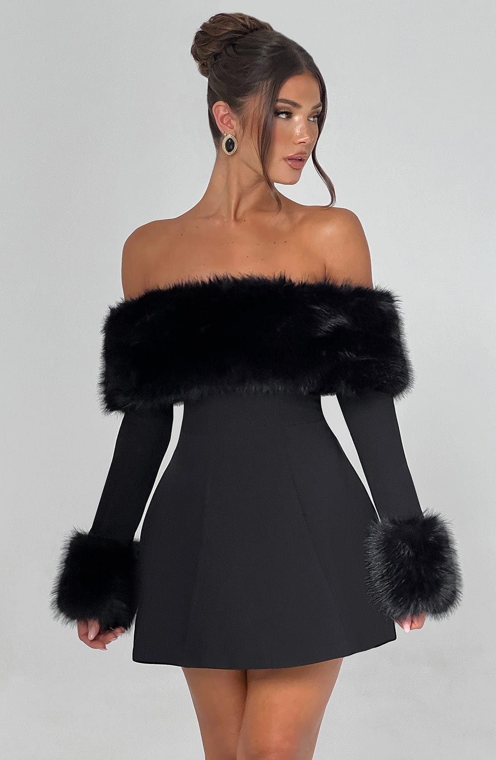 Imara | Off-Shoulder Fur Sleeve Mini Dress