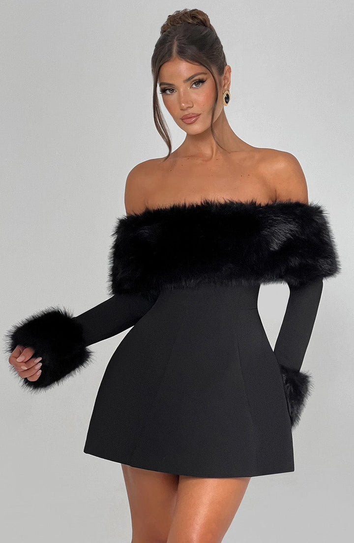 Imara | Off-Shoulder Fur Sleeve Mini Dress