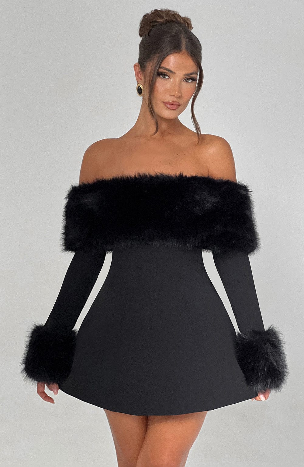 Imara | Off-Shoulder Fur Sleeve Mini Dress